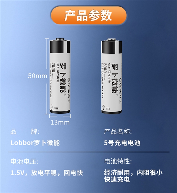 C口快充 罗卜微能5号2000mWh充电电池2节15.9元发车